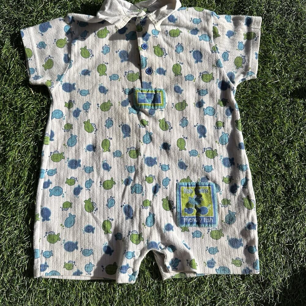 Vintage Small Steps Romper Baby Boy 18 Months Fish 100%‎ Cotton 90s One Piece
